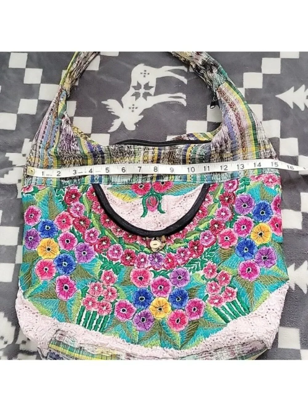 Boho Hippie Hobo Bag Lace Trim Colorful Embroidered Floral Shoulder Crossbody